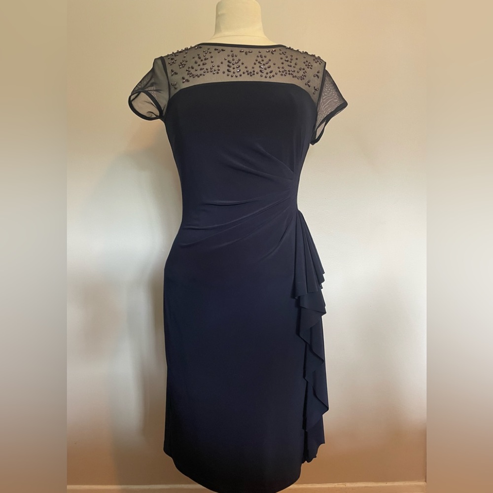 Joseph Ribkoff Navy Blue Dress with Sheer Embellished Neckline